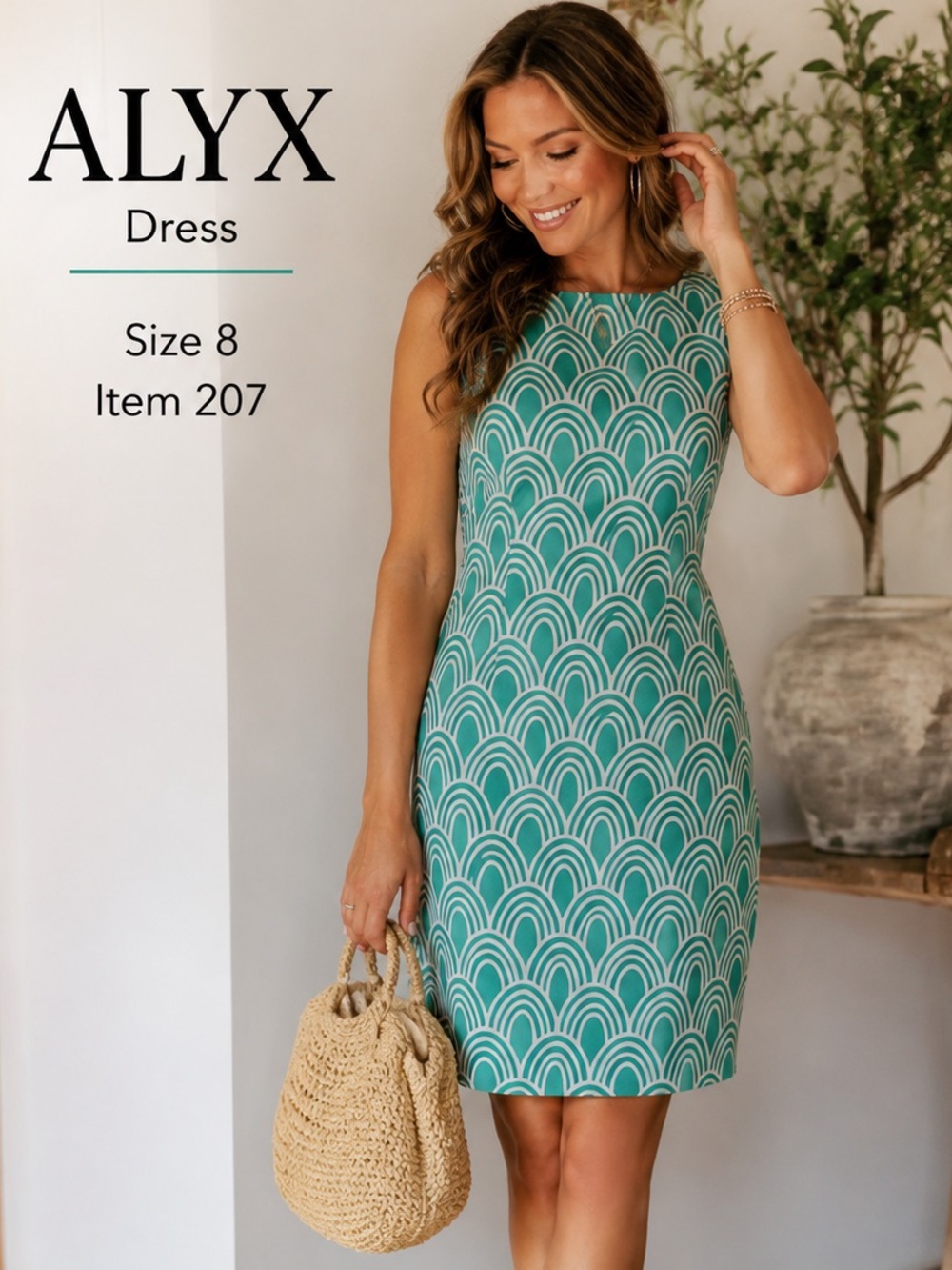 ALYC Green Geometric Print Sheath Dress Size 8 Sleeveless Stretch Career